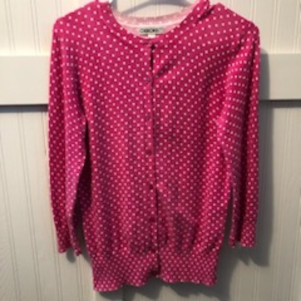 Pink polka dot 3/4 sleeve cardigan sweater, Cherokee, size M